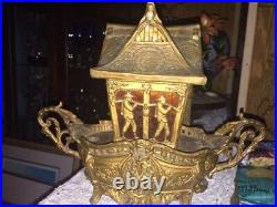 Antique Art Deco Cast Metal Gilt Pagoda Asian Table Lamp withamber glass windows