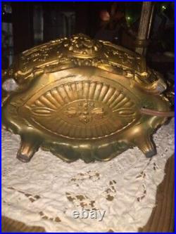 Antique Art Deco Cast Metal Gilt Pagoda Asian Table Lamp withamber glass windows