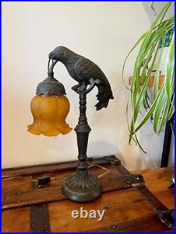 Antique Art Deco Cast Metal Parrot Lamp Holding Amber Art Glass Tulip Shade