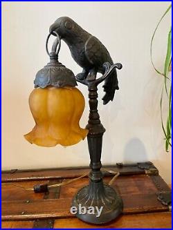 Antique Art Deco Cast Metal Parrot Lamp Holding Amber Art Glass Tulip Shade