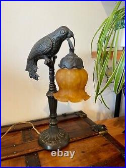 Antique Art Deco Cast Metal Parrot Lamp Holding Amber Art Glass Tulip Shade