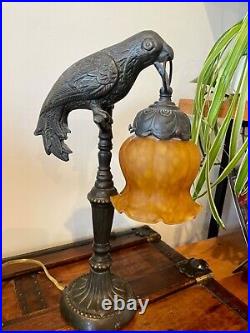 Antique Art Deco Cast Metal Parrot Lamp Holding Amber Art Glass Tulip Shade