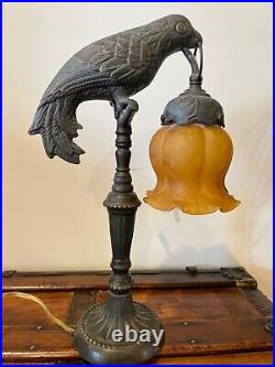 Antique Art Deco Cast Metal Parrot Lamp Holding Amber Art Glass Tulip Shade