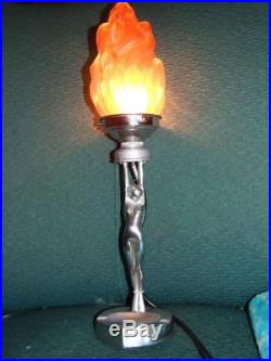 Antique Art Deco Chrome Lady Diana Lamp w Flame Glass Shade 30's