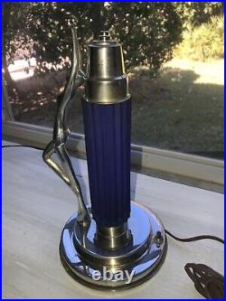 Antique Art Deco Chrome Nude Lady Lamp With Cobalt Glass Shade