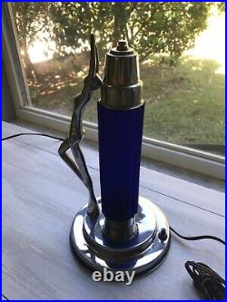 Antique Art Deco Chrome Nude Lady Lamp With Cobalt Glass Shade