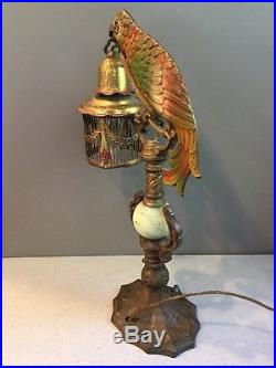 Antique Art Deco Cold Painted Bradley Hubbard Parrot Table Lamp Works 15