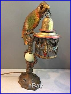 Antique Art Deco Cold Painted Diamond F Clevleand OH Parrot Table Lamp Works 15