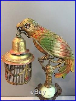 Antique Art Deco Cold Painted Diamond F Clevleand OH Parrot Table Lamp Works 15