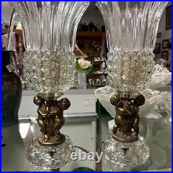 Antique Art Deco Crystal Lamps Brass Cherub Holding Tulip Flower CRYSTAL Pair