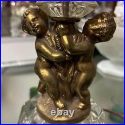 Antique Art Deco Crystal Lamps Brass Cherub Holding Tulip Flower CRYSTAL Pair