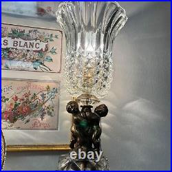 Antique Art Deco Crystal Lamps Brass Cherub Holding Tulip Flower CRYSTAL Pair