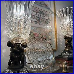 Antique Art Deco Crystal Lamps Brass Cherub Holding Tulip Flower CRYSTAL Pair