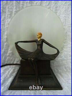 Antique Art Deco Dancer Lady on the Moon Bronze Ivorine Glass Figural Lamp