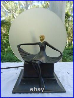 Antique Art Deco Dancer Lady on the Moon Bronze Ivorine Glass Figural Lamp