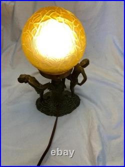 Antique Art Deco Dancing Nymphs/Ladies/Flapper Lamp WithAmber Brain Style Globe
