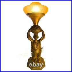 Antique Art Deco Desk Lamp Featuring Kneeling Woman & Stunning Amber Shade