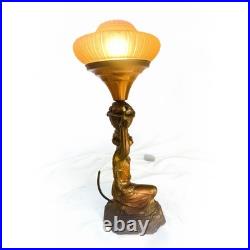 Antique Art Deco Desk Lamp Featuring Kneeling Woman & Stunning Amber Shade