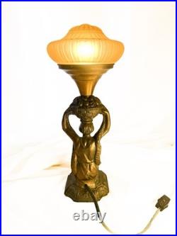Antique Art Deco Desk Lamp Featuring Kneeling Woman & Stunning Amber Shade
