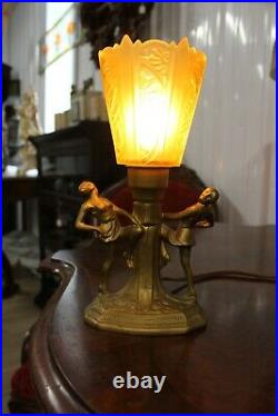Antique Art Deco Desk Table Lamp Figural Dancing Women With Great Color Shade