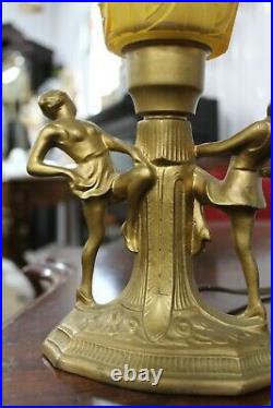 Antique Art Deco Desk Table Lamp Figural Dancing Women With Great Color Shade