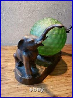 Antique Art Deco Elephant Lamp With Green Dimple Glass Shade