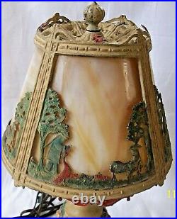 Antique Art Deco Era Cold Painted Metal 4 Panel Curved Slag Glass 15 Elec Lamp