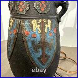 Antique Art Deco Era Tall Black Champleve Tokoname Vase Japan Converted To Lamp