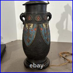 Antique Art Deco Era Tall Black Champleve Tokoname Vase Japan Converted To Lamp