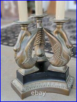 Antique Art Deco Ethan Allen Brass 3 Swans Columns Lamp 2 bulb Revivalist
