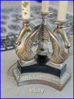 Antique Art Deco Ethan Allen Brass 3 Swans Columns Lamp 2 bulb Revivalist