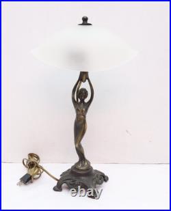 Antique Art Deco FLYING NUDE LADY LAMP GLASS SHADE FRENCH FIGURAL WOMAN VTG