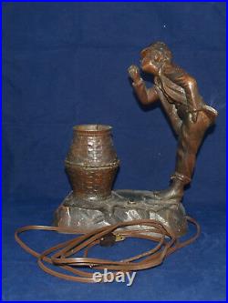 Antique Art Deco Figural Broze Patina White Metal Desk Table Lamp Boy Man Basket