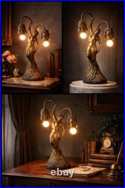 Antique Art Deco Figural Lady Tulip Lamp Spelter Bronze Tone 2-Light 14.25 Work