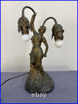 Antique Art Deco Figural Lady Tulip Lamp Spelter Bronze Tone 2-Light 14.25 Work