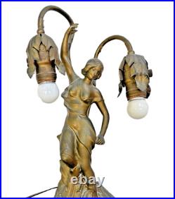 Antique Art Deco Figural Lady Tulip Lamp Spelter Bronze Tone 2-Light 14.25 Work