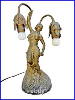 Antique Art Deco Figural Lady Tulip Lamp Spelter Bronze Tone 2-Light 14.25 Work