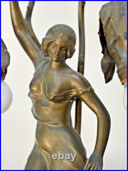 Antique Art Deco Figural Lady Tulip Lamp Spelter Bronze Tone 2-Light 14.25 Work