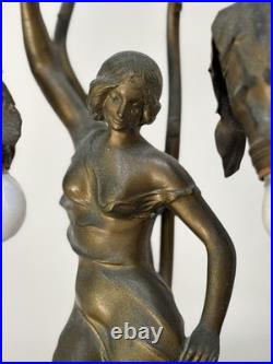 Antique Art Deco Figural Lady Tulip Lamp Spelter Bronze Tone 2-Light 14.25 Work