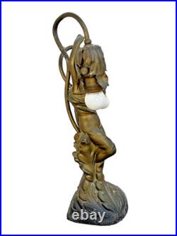 Antique Art Deco Figural Lady Tulip Lamp Spelter Bronze Tone 2-Light 14.25 Work