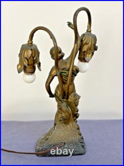Antique Art Deco Figural Lady Tulip Lamp Spelter Bronze Tone 2-Light 14.25 Work