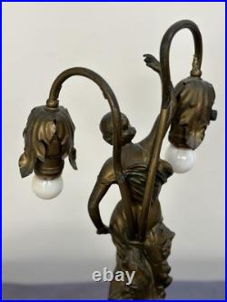 Antique Art Deco Figural Lady Tulip Lamp Spelter Bronze Tone 2-Light 14.25 Work
