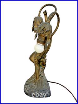Antique Art Deco Figural Lady Tulip Lamp Spelter Bronze Tone 2-Light 14.25 Work