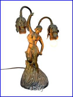 Antique Art Deco Figural Lady Tulip Lamp Spelter Bronze Tone 2-Light 14.25 Work