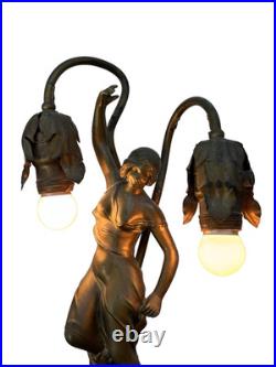 Antique Art Deco Figural Lady Tulip Lamp Spelter Bronze Tone 2-Light 14.25 Work Antique Art Deco Figural Lady Tulip Lamp Spelter Bronze Tone 2-Light 14.25 Work