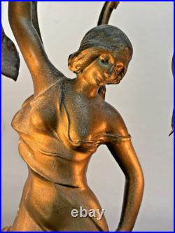 Antique Art Deco Figural Lady Tulip Lamp Spelter Bronze Tone 2-Light 14.25 Work