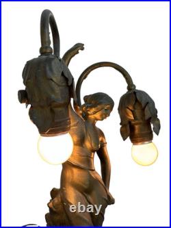 Antique Art Deco Figural Lady Tulip Lamp Spelter Bronze Tone 2-Light 14.25 Work Antique Art Deco Figural Lady Tulip Lamp Spelter Bronze Tone 2-Light 14.25 Work