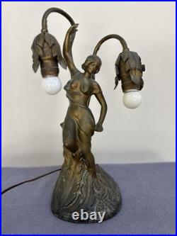 Antique Art Deco Figural Lady Tulip Lamp Spelter Bronze Tone 2-Light 14.25 Work