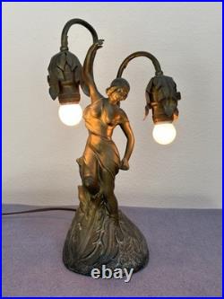Antique Art Deco Figural Lady Tulip Lamp Spelter Bronze Tone 2-Light 14.25 Work