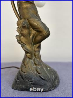 Antique Art Deco Figural Lady Tulip Lamp Spelter Bronze Tone 2-Light 14.25 Work